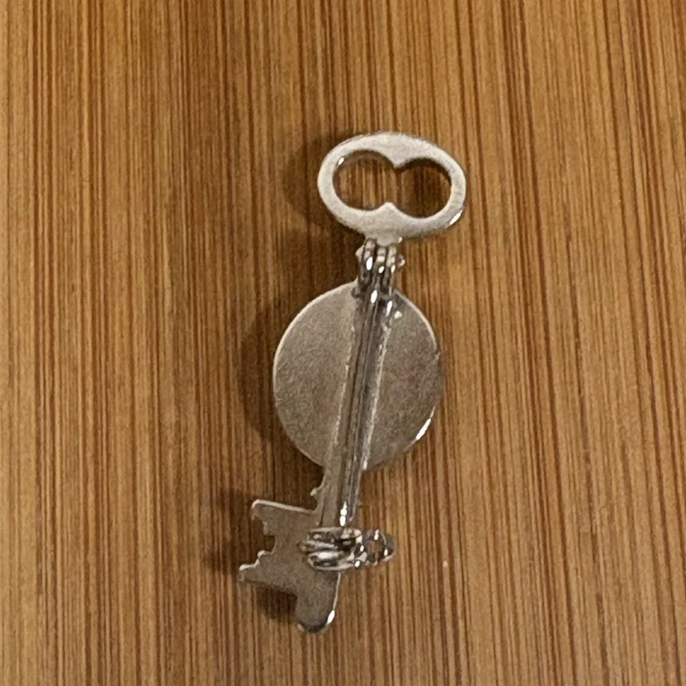 Key Brooch Silver Tone Blue Stone High School 1 1/4